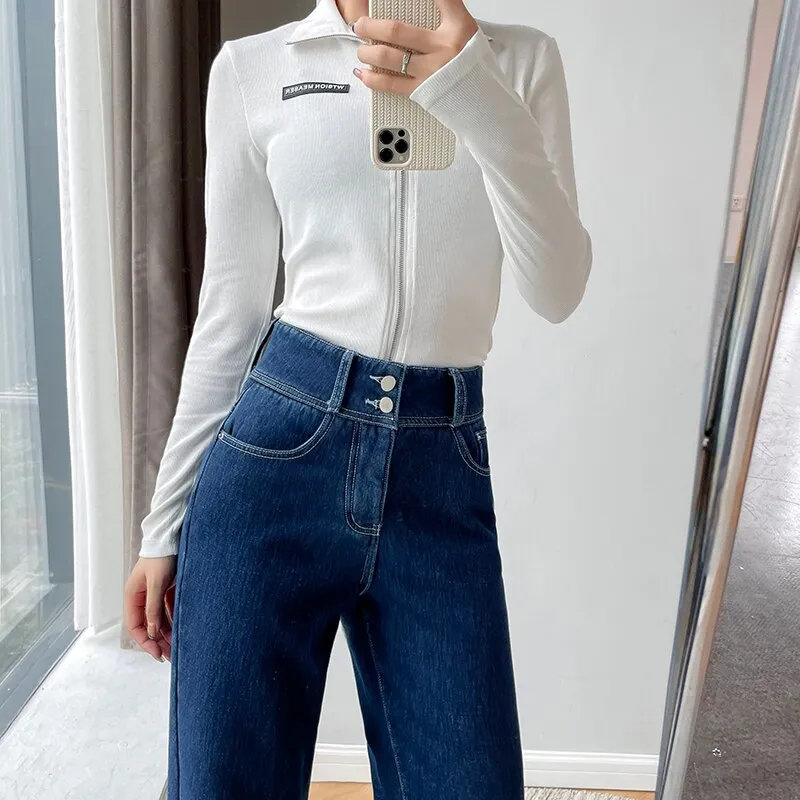 Wjczt Winter New Women Thick Velvet Jeans Fleece Full Length Fashion High Waist Wide Leg Pants Jean Casual Warm Denim Trousers