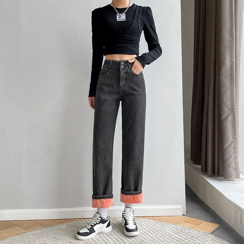 Wjczt Winter New Women Thick Velvet Jeans Fleece Full Length Fashion High Waist Wide Leg Pants Jean Casual Warm Denim Trousers
