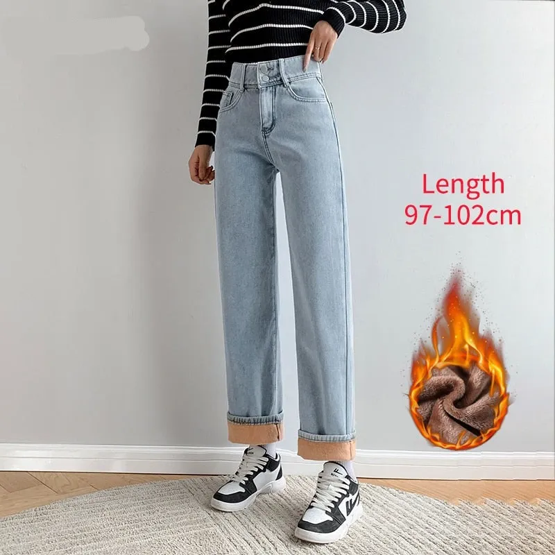 Wjczt Winter New Women Thick Velvet Jeans Fleece Full Length Fashion High Waist Wide Leg Pants Jean Casual Warm Denim Trousers