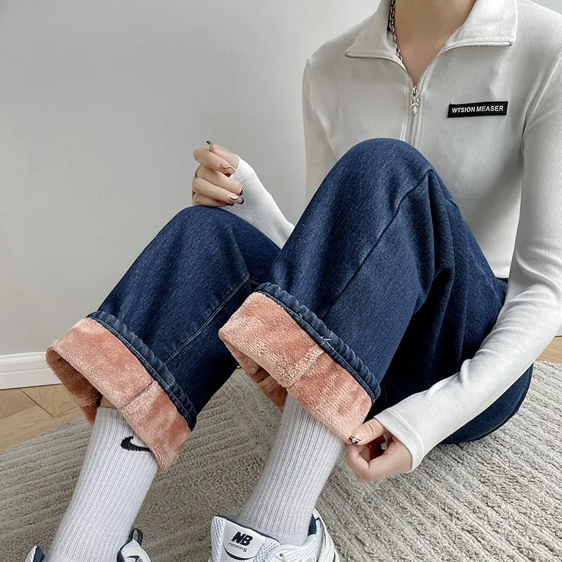 Wjczt Winter New Women Thick Velvet Jeans Fleece Full Length Fashion High Waist Wide Leg Pants Jean Casual Warm Denim Trousers