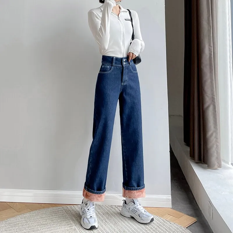 Wjczt Winter New Women Thick Velvet Jeans Fleece Full Length Fashion High Waist Wide Leg Pants Jean Casual Warm Denim Trousers