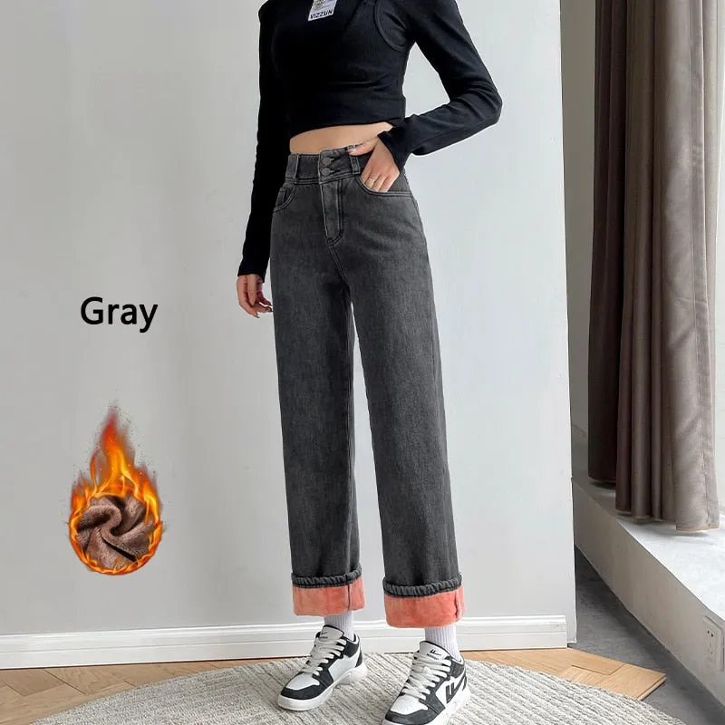 Wjczt Winter New Women Thick Velvet Jeans Fleece Full Length Fashion High Waist Wide Leg Pants Jean Casual Warm Denim Trousers