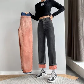 Wjczt Winter New Women Thick Velvet Jeans Fleece Full Length Fashion High Waist Wide Leg Pants Jean Casual Warm Denim Trousers