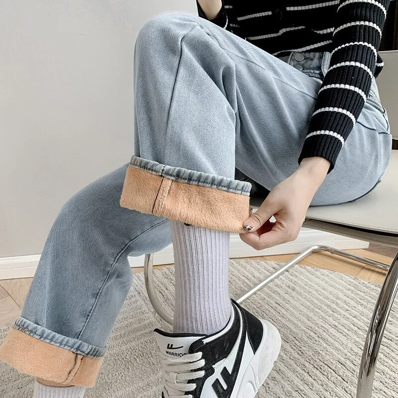 Wjczt Winter New Women Thick Velvet Jeans Fleece Full Length Fashion High Waist Wide Leg Pants Jean Casual Warm Denim Trousers