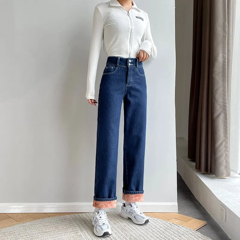 Wjczt Winter New Women Thick Velvet Jeans Fleece Full Length Fashion High Waist Wide Leg Pants Jean Casual Warm Denim Trousers