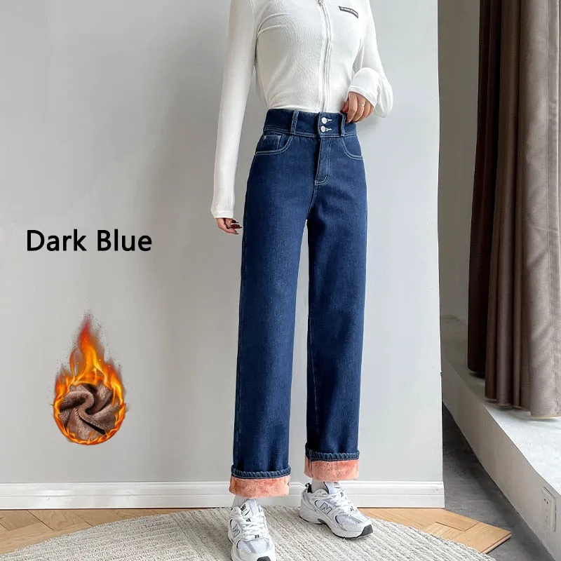 Wjczt Winter New Women Thick Velvet Jeans Fleece Full Length Fashion High Waist Wide Leg Pants Jean Casual Warm Denim Trousers