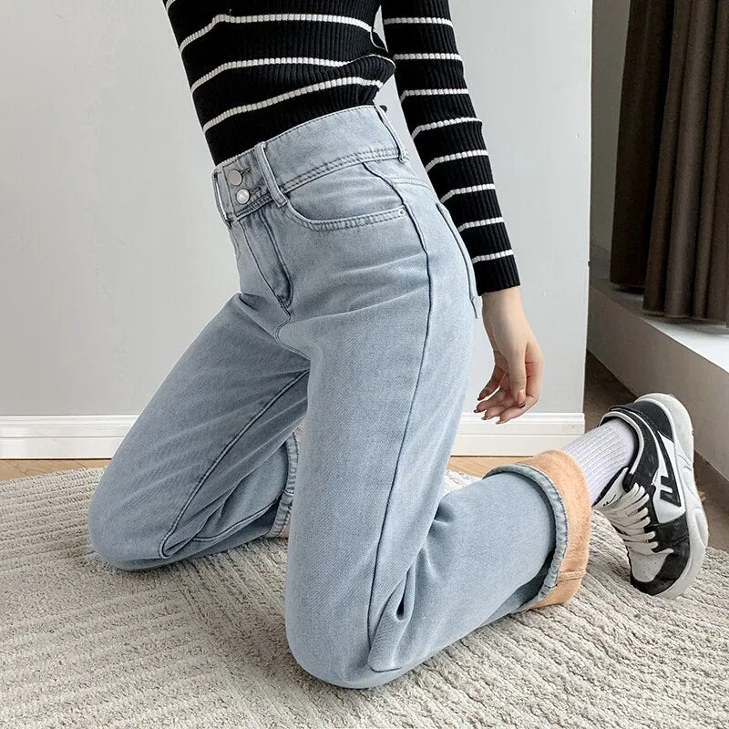Wjczt Winter New Women Thick Velvet Jeans Fleece Full Length Fashion High Waist Wide Leg Pants Jean Casual Warm Denim Trousers