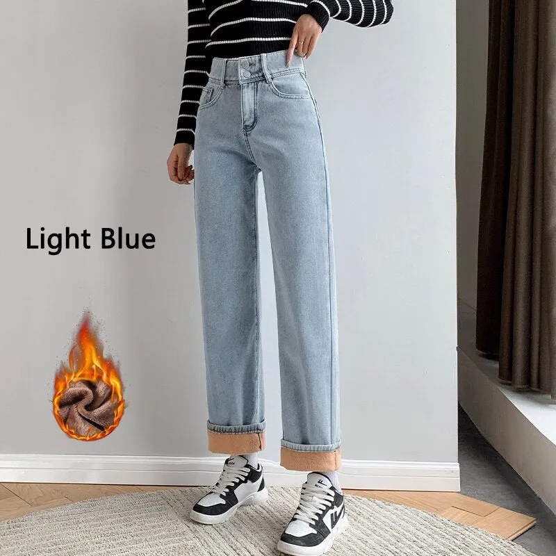Wjczt Winter New Women Thick Velvet Jeans Fleece Full Length Fashion High Waist Wide Leg Pants Jean Casual Warm Denim Trousers