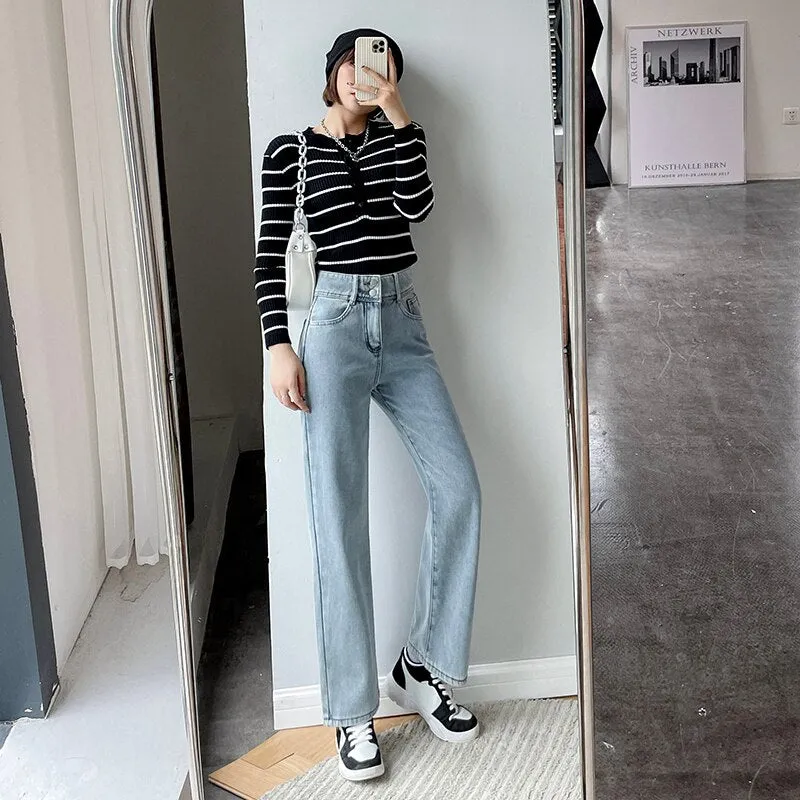 Wjczt Winter New Women Thick Velvet Jeans Fleece Full Length Fashion High Waist Wide Leg Pants Jean Casual Warm Denim Trousers