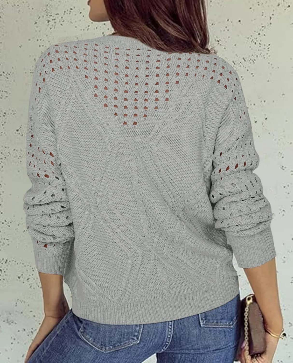 Womens 2025 Spring Sweaters Oversized Crewneck Cable Knit Pullover Crochet Hollow Out Chunky Jumper Casual Tunic Tops