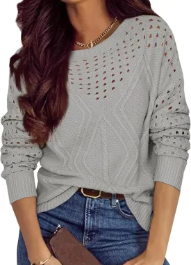 Womens 2025 Spring Sweaters Oversized Crewneck Cable Knit Pullover Crochet Hollow Out Chunky Jumper Casual Tunic Tops