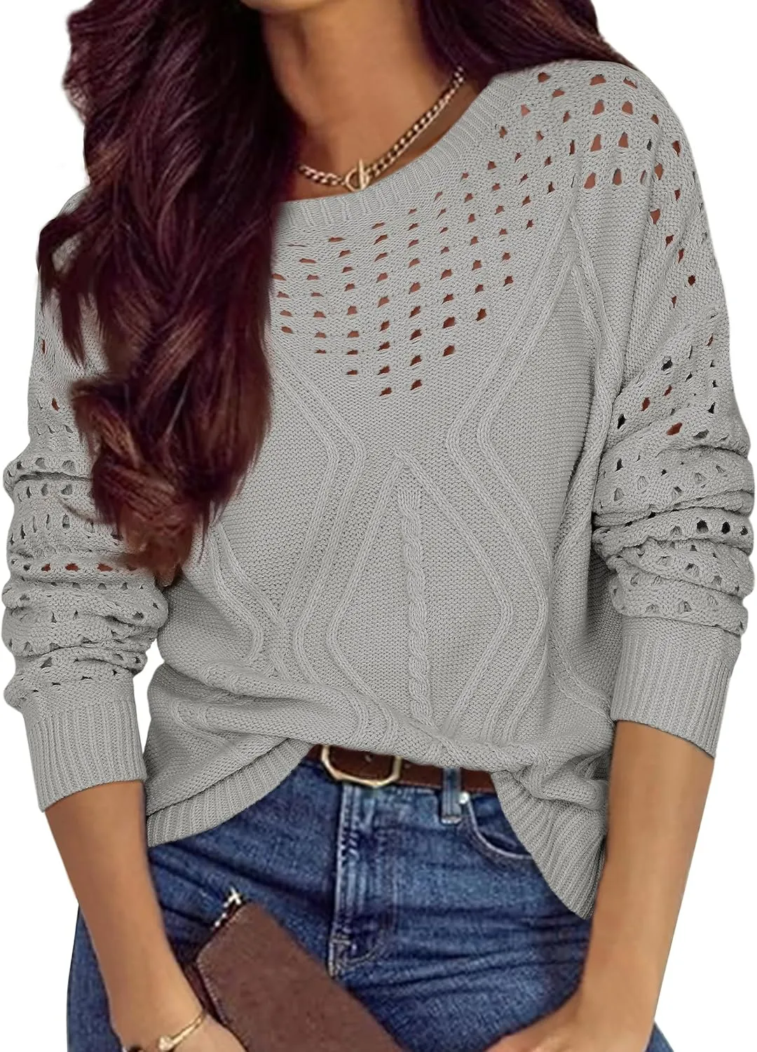 Womens 2025 Spring Sweaters Oversized Crewneck Cable Knit Pullover Crochet Hollow Out Chunky Jumper Casual Tunic Tops