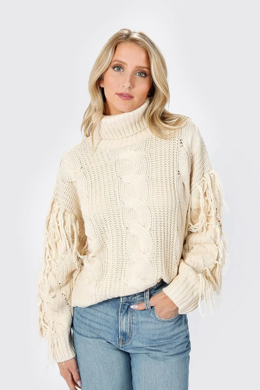 Womens Cream Long Sleeve Cable Knit Fringe Turtleneck Sweater: Return to Sender Cable Knit Sweater