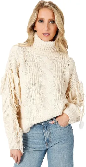 Womens Cream Long Sleeve Cable Knit Fringe Turtleneck Sweater: Return to Sender Cable Knit Sweater