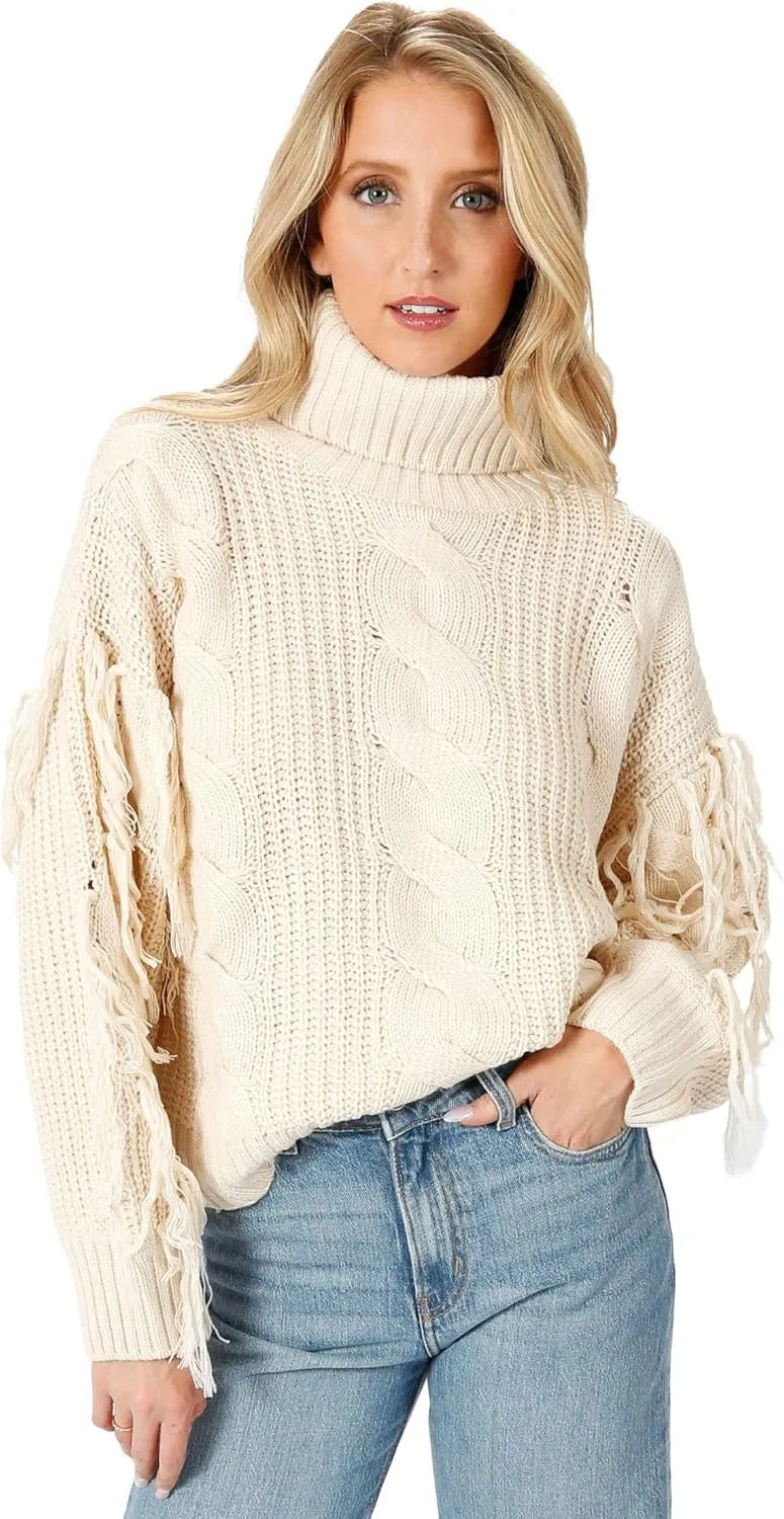 Womens Cream Long Sleeve Cable Knit Fringe Turtleneck Sweater: Return to Sender Cable Knit Sweater