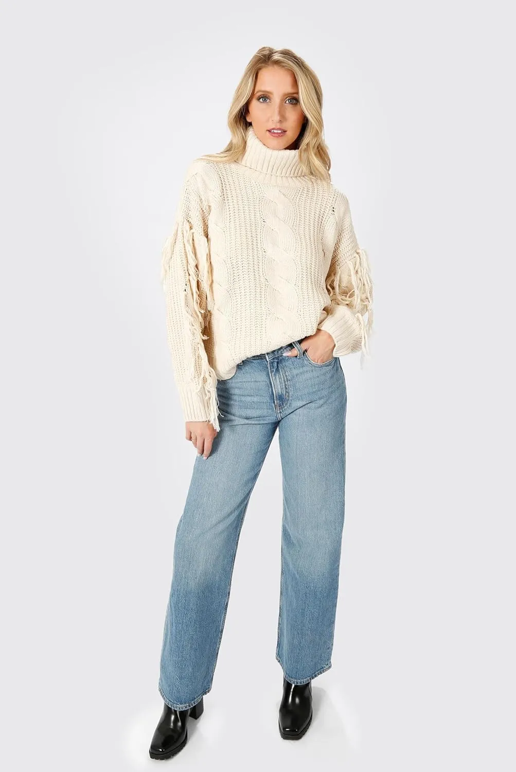 Womens Cream Long Sleeve Cable Knit Fringe Turtleneck Sweater: Return to Sender Cable Knit Sweater