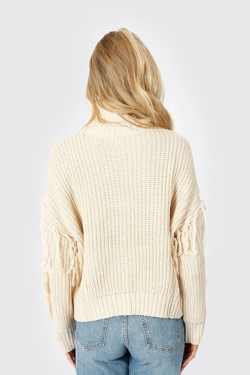 Womens Cream Long Sleeve Cable Knit Fringe Turtleneck Sweater: Return to Sender Cable Knit Sweater