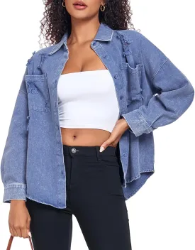 Womens Denim Jacket Oversized Button Down Jean Jacket Boyfriend Ripped Washed Jean Jackets Coat with Pockets