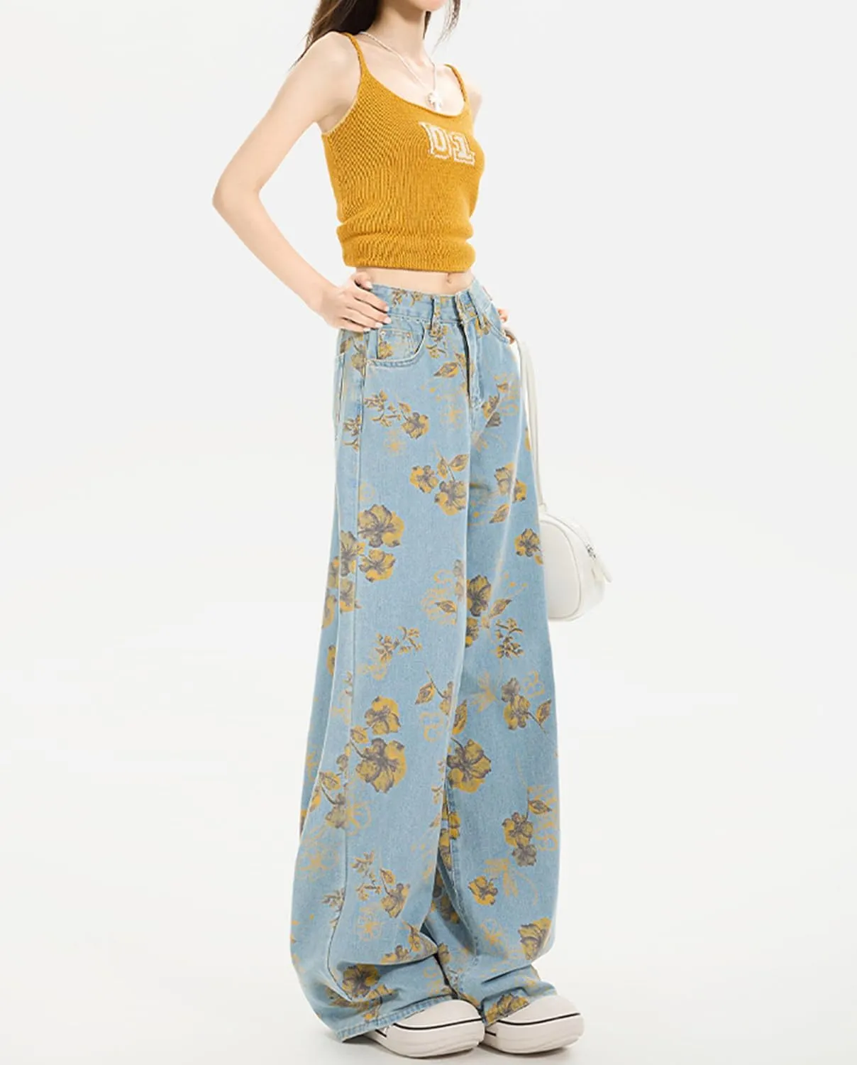 Women's High Waisted Wide Leg Jeans Flower Printed Straight Leg Baggy Jeans High Rise Loose Boyfriend Denim Pants