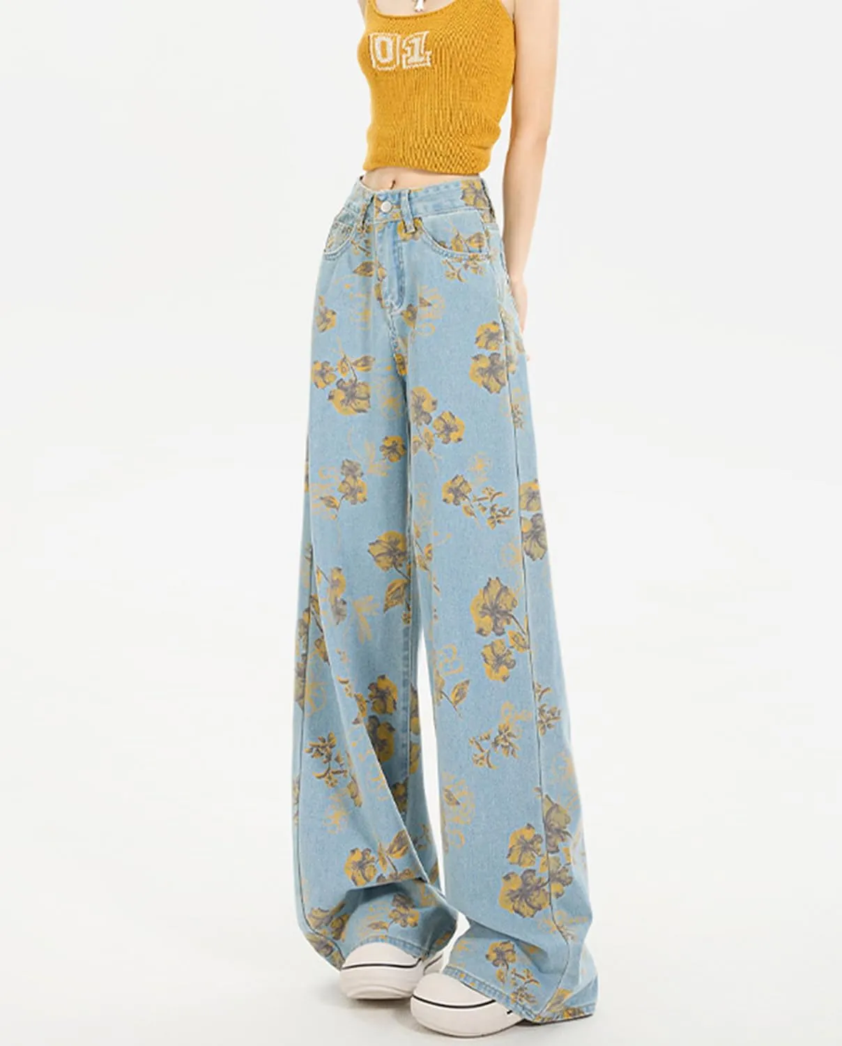 Women's High Waisted Wide Leg Jeans Flower Printed Straight Leg Baggy Jeans High Rise Loose Boyfriend Denim Pants