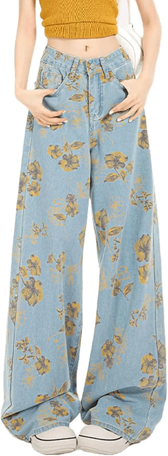 Women's High Waisted Wide Leg Jeans Flower Printed Straight Leg Baggy Jeans High Rise Loose Boyfriend Denim Pants
