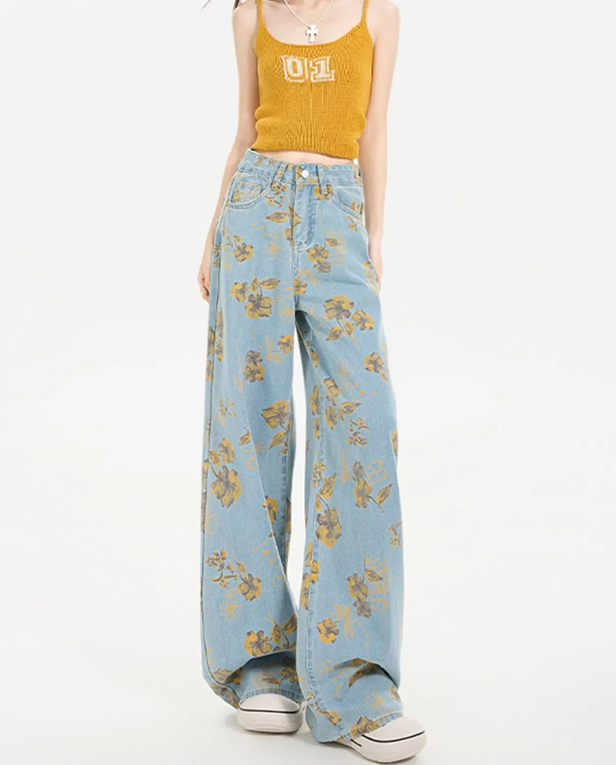 Women's High Waisted Wide Leg Jeans Flower Printed Straight Leg Baggy Jeans High Rise Loose Boyfriend Denim Pants