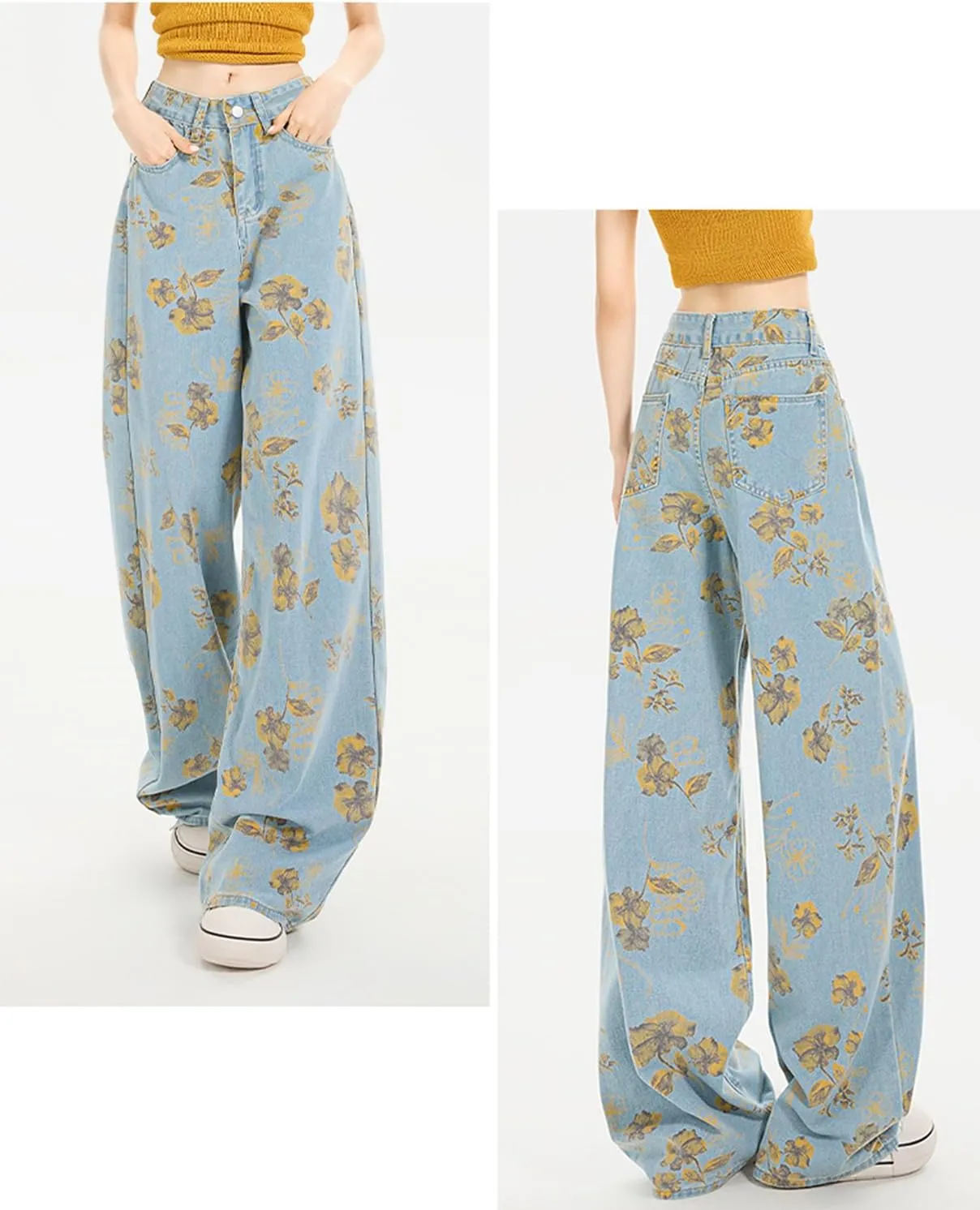 Women's High Waisted Wide Leg Jeans Flower Printed Straight Leg Baggy Jeans High Rise Loose Boyfriend Denim Pants