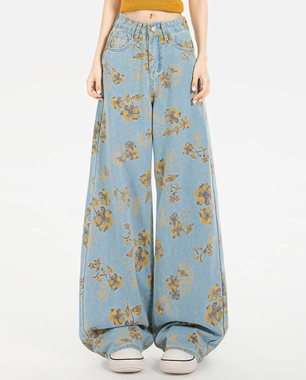 Women's High Waisted Wide Leg Jeans Flower Printed Straight Leg Baggy Jeans High Rise Loose Boyfriend Denim Pants