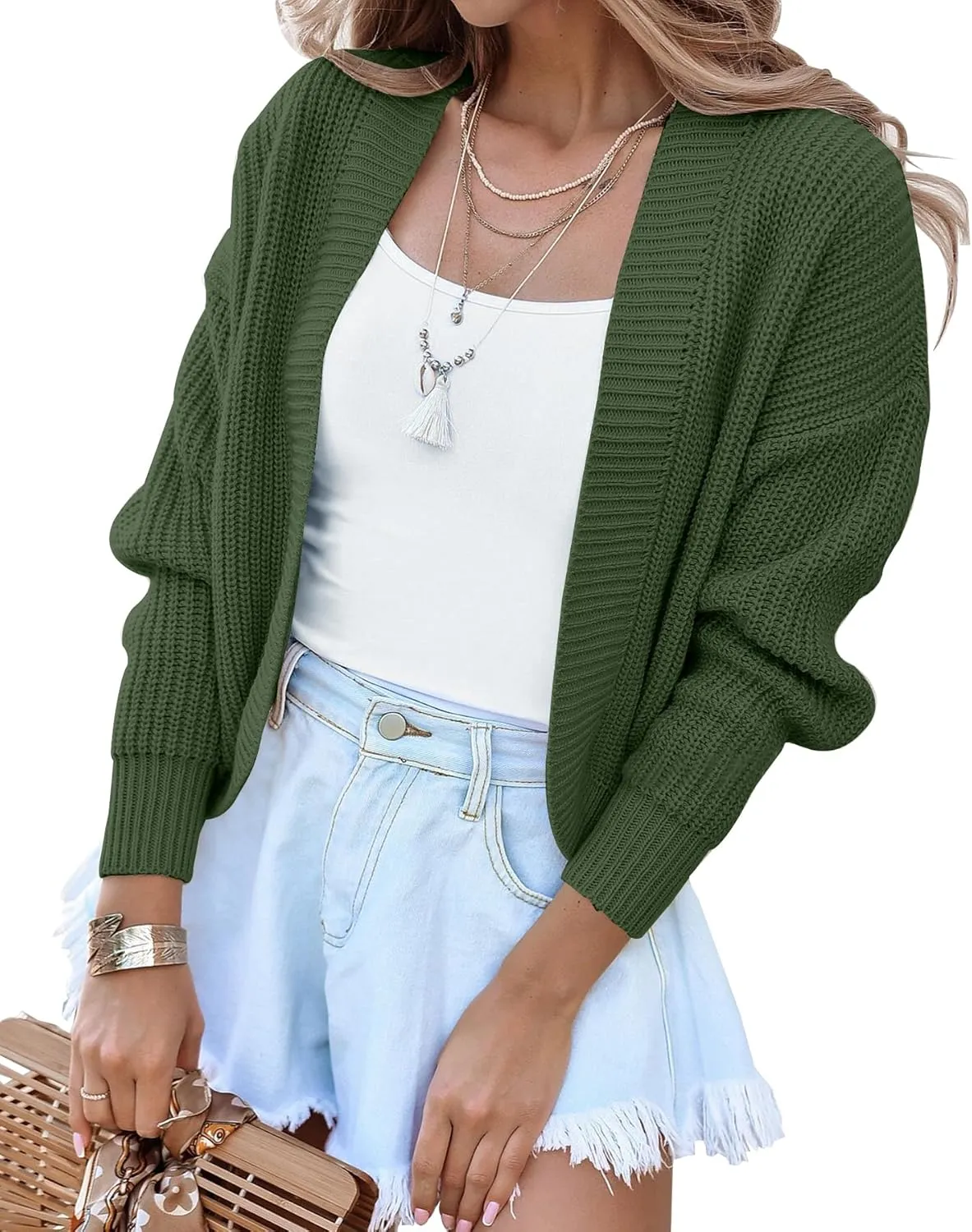 Women's Long Sleeve Open Front Knit Cropped Cardigan Sweaters Casual Drop Shoulder Short Shrugs Sweater Coats