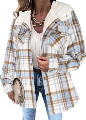Womens Plaid Shacket Jacket Fuzzy Fleece Lined Coats Casual Long Sleeve Button Down Hooded Jackets Fall Winter Outfits