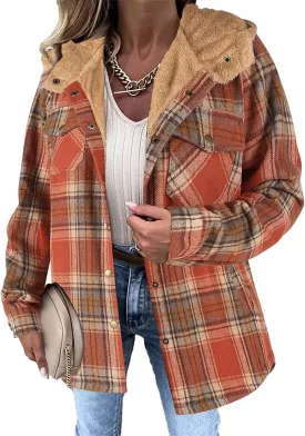 Womens Plaid Shacket Jacket Fuzzy Fleece Lined Coats Casual Long Sleeve Button Down Hooded Jackets Fall Winter Outfits