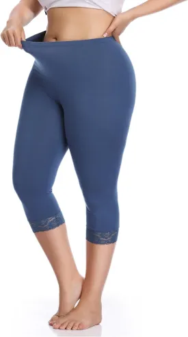 Women's Plus Size Lace Trim Capri Leggings Stretch Crop Leggings Soft Workout Yoga Tights Pants