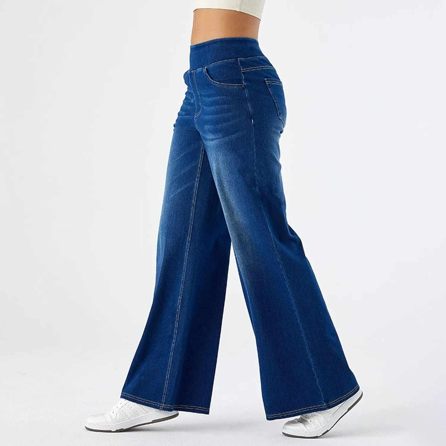 Womens Stretchy Wide Leg Jeans Mid Rise Elastic Waist Jeans Baggy Loose Denim Pants Oversized Trendy Casual Trousers