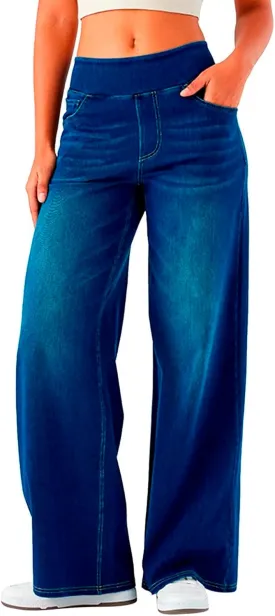 Womens Stretchy Wide Leg Jeans Mid Rise Elastic Waist Jeans Baggy Loose Denim Pants Oversized Trendy Casual Trousers