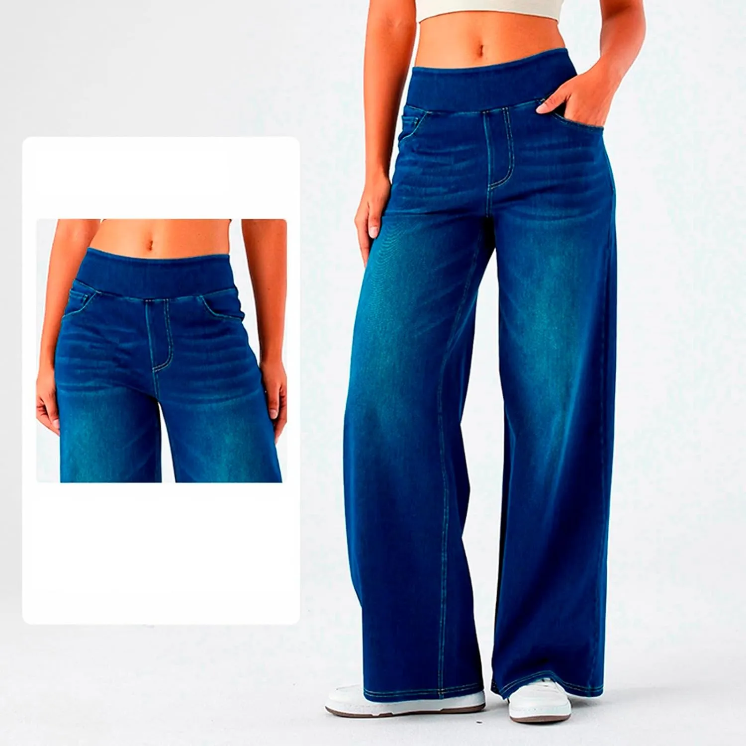 Womens Stretchy Wide Leg Jeans Mid Rise Elastic Waist Jeans Baggy Loose Denim Pants Oversized Trendy Casual Trousers