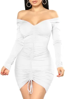 XXTAXN Women's Sexy Elegant Long Sleeve Off The Shoulder Ruched Mini Dress
