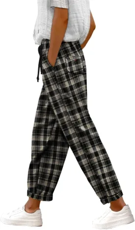 YESNO Women's Casual Straight Leg Pants Fall Drawstring Elastic High Waist Woolen Tapered Trousers with Pockets PWT
