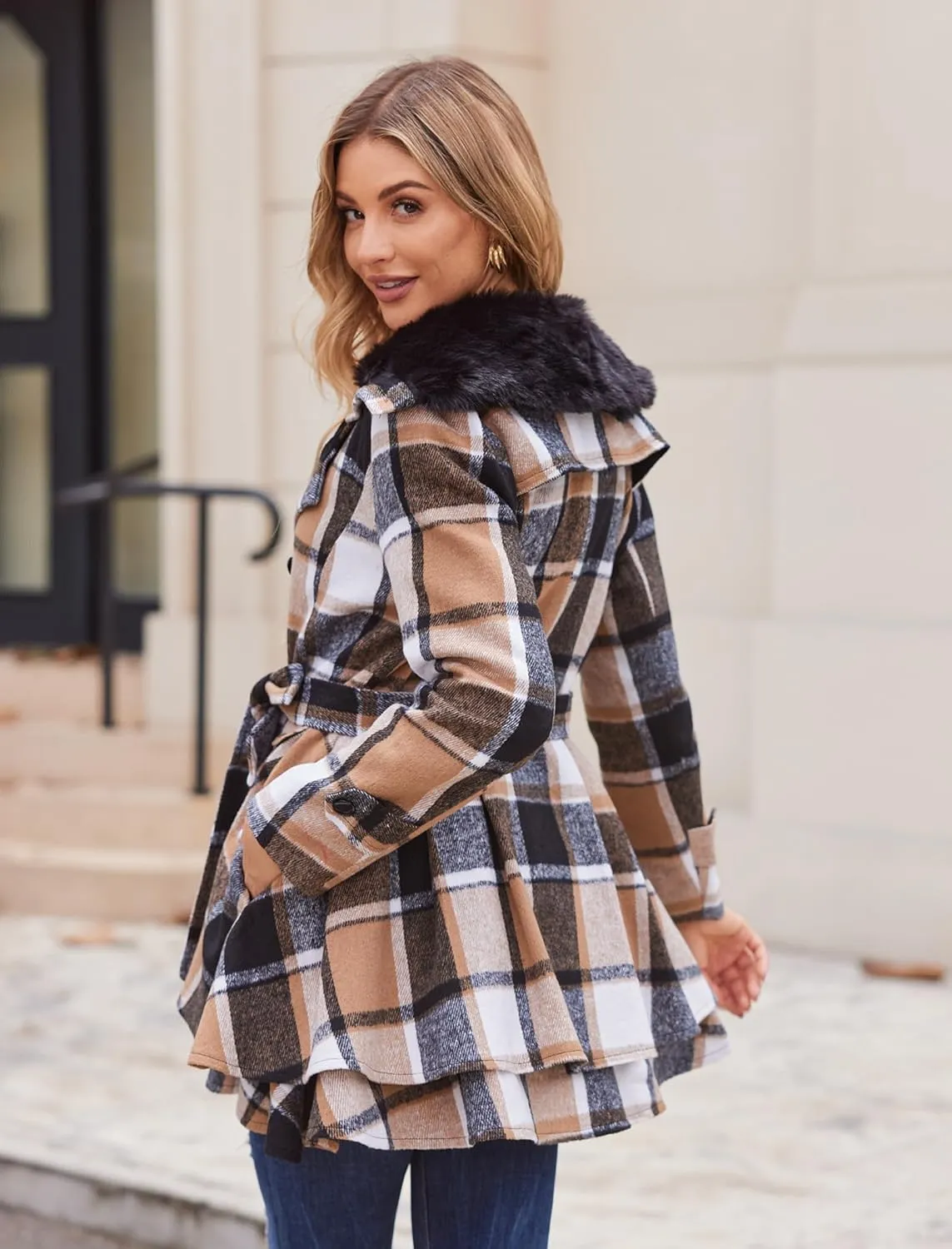 Zeagoo Women's Fashion Faux Fur Lapel Double-Breasted Thick Wool Trench Coat Winter Warm Jacket S-2XL