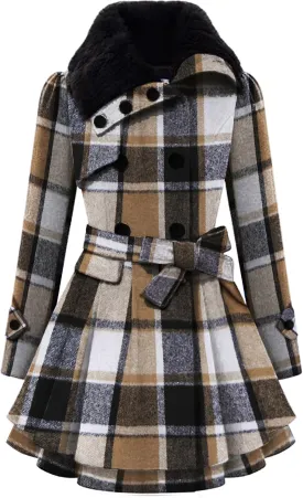 Zeagoo Women's Fashion Faux Fur Lapel Double-Breasted Thick Wool Trench Coat Winter Warm Jacket S-2XL