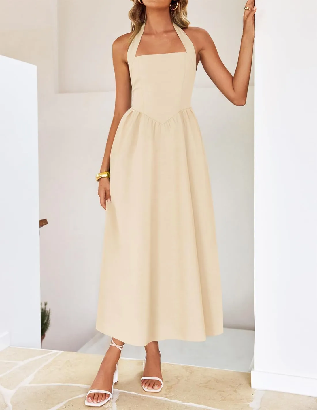 ZESICA Women's Summer Sleeveless Halter Midi Dress 2025 Off Shoulder High Waist Swing Flowy Beach Long Dresses
