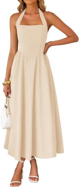 ZESICA Women's Summer Sleeveless Halter Midi Dress 2025 Off Shoulder High Waist Swing Flowy Beach Long Dresses